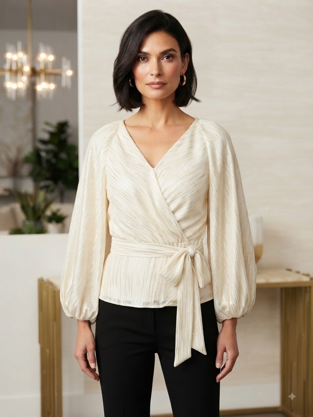 White House Black Market Cream Wrap Front Blouse with Balloon Sleeves